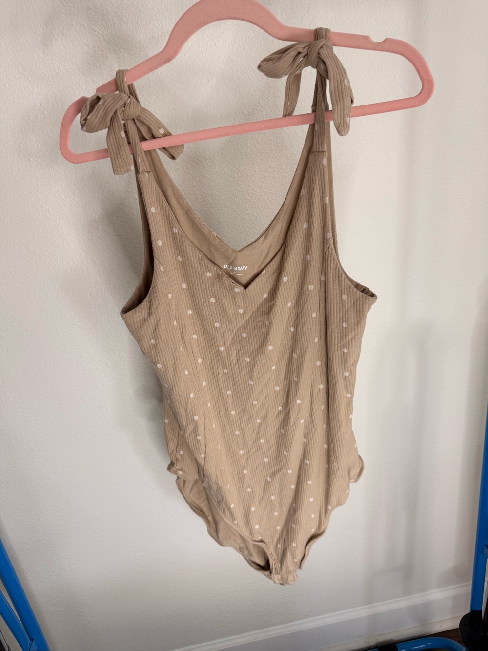Old Navy Beige Polka Dot Tie-Shoulder Ribbed Bodysuit